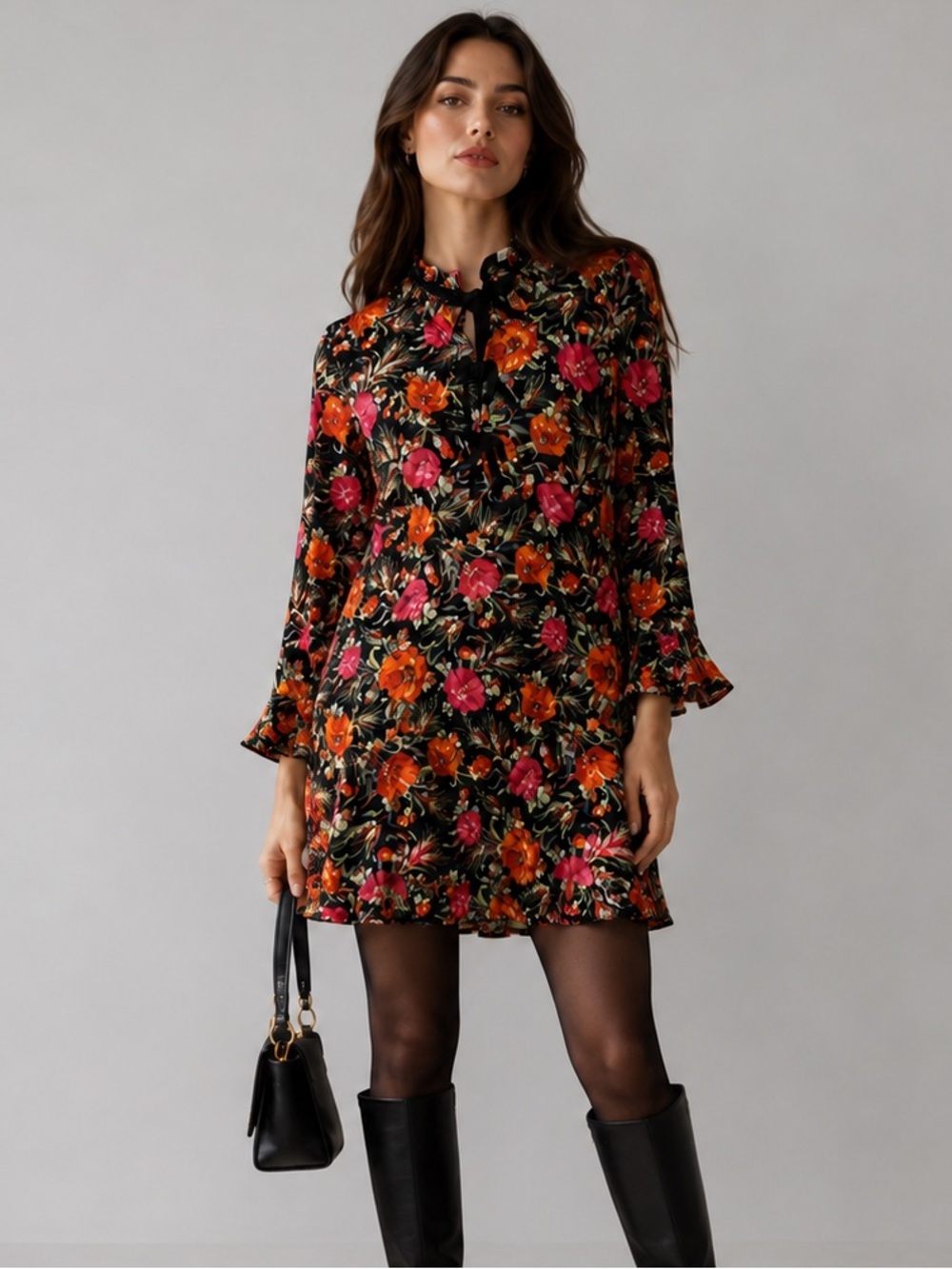 Sandro Mini Dress Viscose Floral Tie Neck 1 Small Parisian Shift